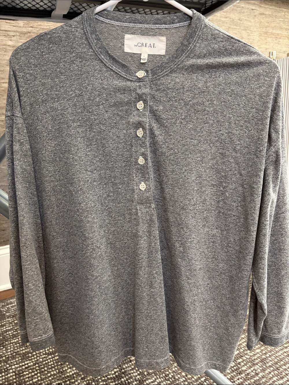 THE GREAT. Heather Gray Long-Sleeve Henley Shirt sz 1